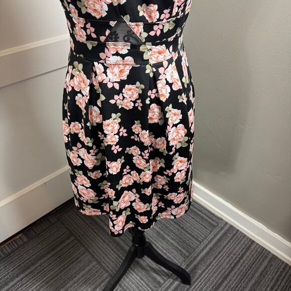 Sweet Storm black and pink floral mesh cut out high neck mini dress. - Picture 3 of 9
